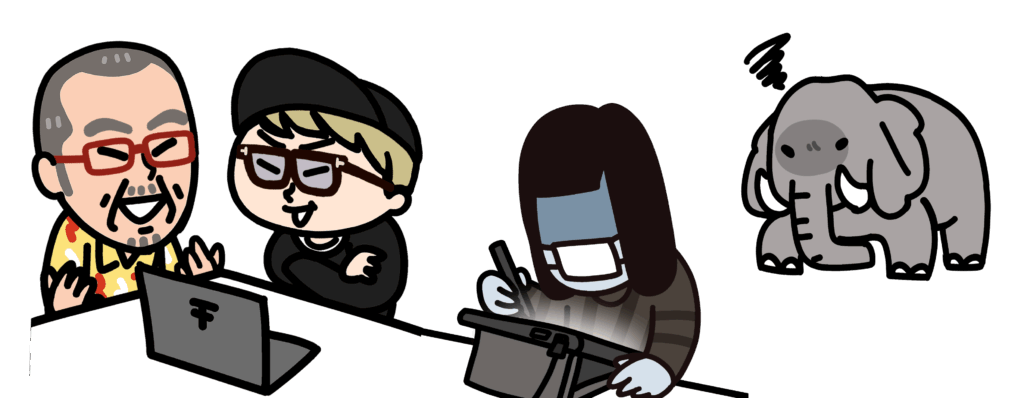 中森さん、中道さん、大谷さん、ゾウ